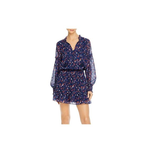 PARKER Womens Navy Waist And Cuffs Long Sleeve Mini Party Fit + Flare Dress L